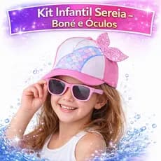 Boné e Óculos Infantil Sereia Rosa Menina Proteção Sol Moda Praia Verão