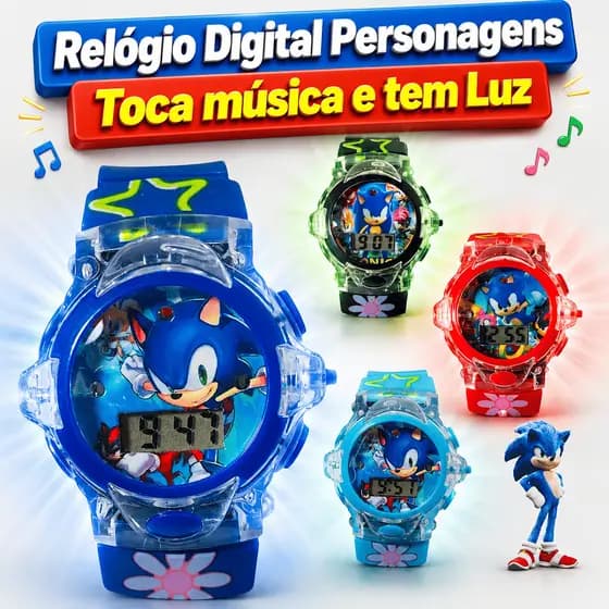 Relógio Digital Infantil Sonic Homem Aranha Unicórnio Frozen Patrulha Batman Luz e Música Criança Menino Menina