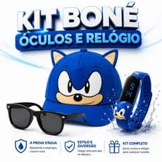 Boné Sonic Infantil com 1 / 2 ou 3 peças Relógio e Óculos Verão Praia Passeio Presente Criança 3 Peças