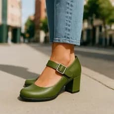 Sapato Feminino Boneca com Fecho Fivela e Salto Bloco Feminino Estilo Mary Janes Verde Musgo Salto Grosso