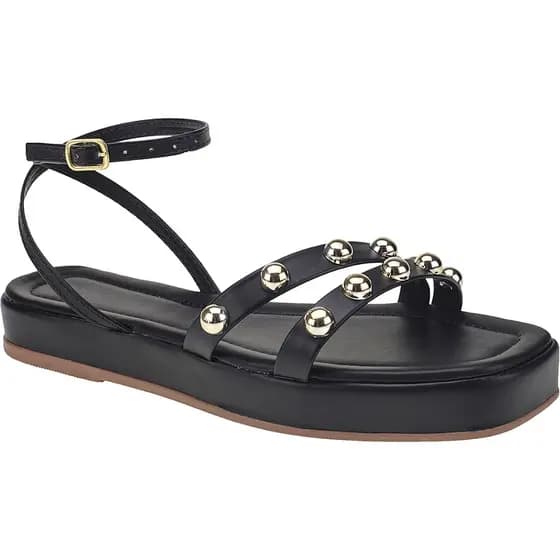 Sandália Feminina Rasteira Plataforma Flat Form Feminina Flatform de Tiras com Fivelas e Enfeite Bolinha Esfera