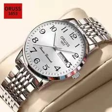 ORUSS Original duplo calendário aço inoxidável moda impermeável prata luminosa relógio homens diamante versão coreana qu