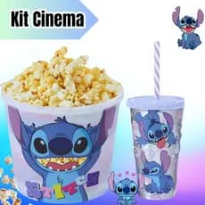 Kit Pipoca Stitch Baldinho + Copo Sessão Cinema Infantil