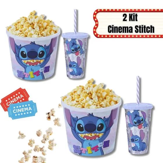 Kit Cinema Lilo e Stitch com 2 Unidades Balde de Pipoca + Copo Divertido Infantil Balde de Pipoca Copo com Canudo