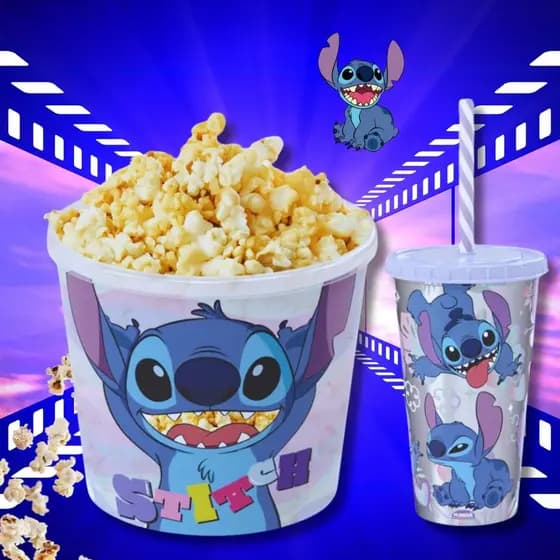 Balde de Pipoca e Copo Lilo e Sticth Kit Sessão Cinema Infantil