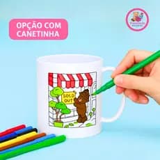 Caneca Colorir Infantil Urso – Polímero Premium + Canetinha Lavável e Atóxica