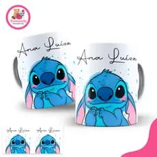 Caneca Stitch Personalizada com Nome – Porcelana 325ml – Alça Azul ou Branca – Presente Criativo