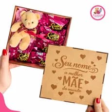 Caixa MDF Personalizada Dia das Mães com Nome + Ursinho + Chocolates | Gravação Laser