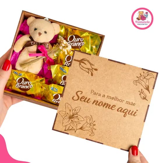 Caixinha Presente Dia das Mães Personalizada com Nome + Ursinho + Chocolates | MDF Gravado a Laser