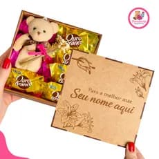Caixinha Presente Dia das Mães Personalizada com Nome + Ursinho + Chocolates | MDF Gravado a Laser