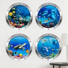 Kit 4 Adesivos Decorativos 3D Fundo do Mar PVC  Golfinho, Peixes, Tartaruga – Impermeável, Removível, Parede Lisa Quarto