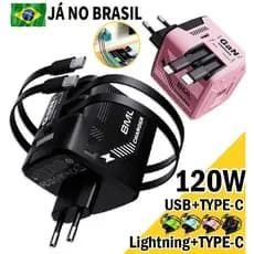 Carregador GaN 120W de Alta Velocidade com iPhone e Samsung,3 Portas (1USB-C + 2 USB Retrateis)