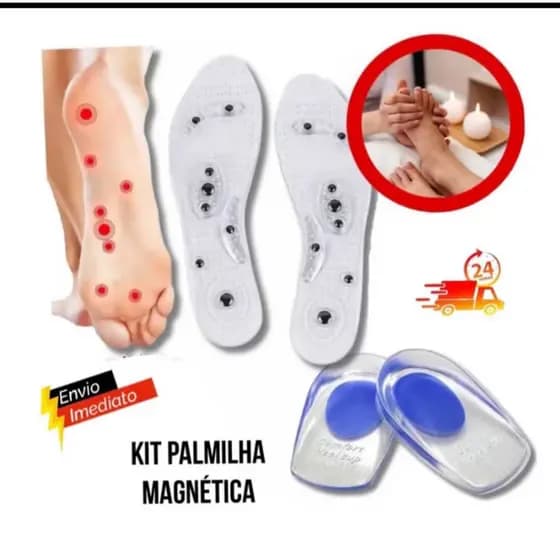 Kit Par Meia Palmilha Silicone Gel Ortopedica Esporão Calcanheira + Palmilha Magnética Acupuntura Pontos Japonesa Magic