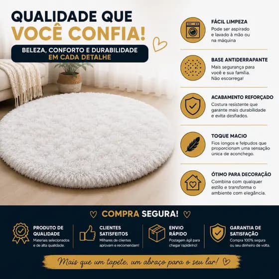 Tapete Redondo Peludo Felpudo 1 Metro Macio Antiderrapante Sala Quarto Infantil Luxo Decoração