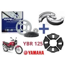 Kit Transmissão Relação Tração RIFFEL YBR/FACTOR 125 + Patins (Lona) De Freio + Coxim (Bucha) Da Coroa De 2000 à 2016
