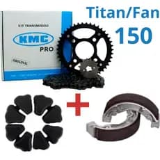 kit Transmissão Relação Tração KMC ORIGINAL TITAN/FAN 2004 à 2015 + Patins de Freio + Coxim Da Coroa