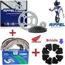 Kit Relação-Transmissão-Tração Riffel Titan 150/Fan 150 + Bucha Coxim Da Coroa + Patins de Freio COBREQ modelo original