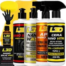 Kit Cera Automotiva Vitrificador L3D Higienizador e Limpador Interno Shampoo Pretinho