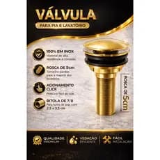 Link Metais, Ralinho em Inox Para Pia De Banheiro, Valvula 100% Inox Dourada, Valvula Clic