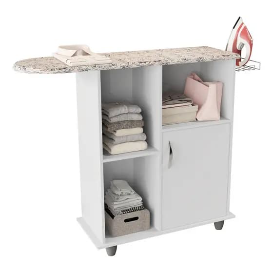 Mesa de Passar Roupa Tábua Com Armário Organizador MDP Com Porta e Nichos E Suporte P/ Ferro e Forro C/ Tecido Reforçado