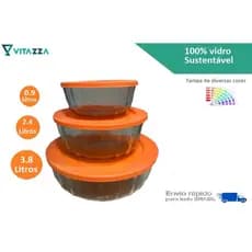 Kit Jogo Conjunto Tigela Saladeira Pote Vidro 3 Peças Com Tampa Oceani Vitazza