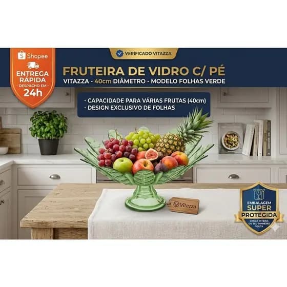 Fruteira Vidro 40cm Folhas Verde Centro De Mesa Com Pé Vitazza