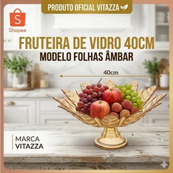 Fruteira Vidro 40cm Folhas Ambar Centro De Mesa Com Pé Vitazza