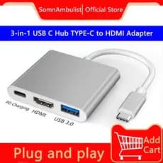 Estação de acoplamento tipo C HDMI + USB3.0 + PD Adaptador Universal para celular de computador três em um