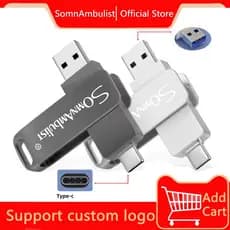 TYPE-C 2 em 1 Flash Drive 32GB/64GB/128GB Capacidade Real, Armazenamento Estável