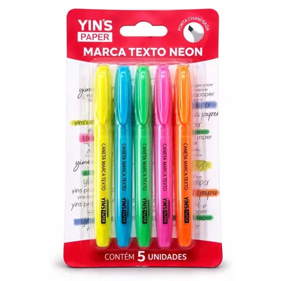 Kit Marca Texto Neon 5 Cores Fluorescente Yin’s Paper Ponta 1–4mm Escolar Estudo Planner
