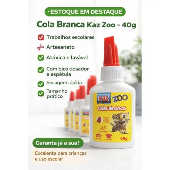 Cola Branca Kaz Zoo 40g | Escolar, Artesanato, Atóxica, Secagem Rápida
