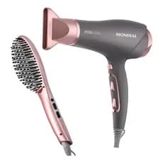 Kit Secador Mondial Grey Rose e Escova Secadora Alisadora Mondial Íon Tourmaline Keratin