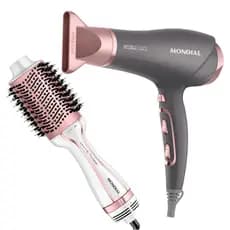 Kit Secador Grey Rose Ion Tourmaline e Escova Secadora 3 em 1 Mondial Íon Tourmaline Keratin
