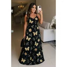 Vestido Longo Feminino Com Bojo Estampado Borboleta Com Elastex