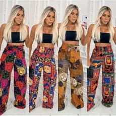 Calça Pantalona Feminina  Cintura Alta com elástico grosso na cintura Estampada Elegante