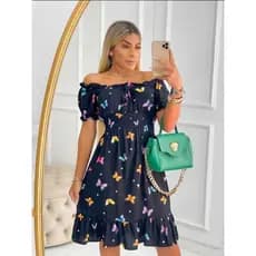 Vestido Feminino Evangelico Curto Estampa Borboleta Com Bojo Moda Com Elastex Nas Costas