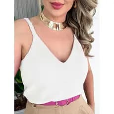 Regata Feminina Alça Larga Trança Decote V Tecido Duna pra Moda Verão