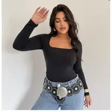 Blusa  feminina Suplex Premium Forrada  Manga Longa Decote Gola Quadrada Moda Inverno