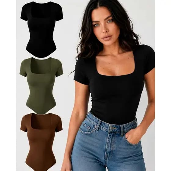 Body Feminino Manga Curta Decote Quadrado Poliamida Suplex Premium Sem Bojo Básico Casual