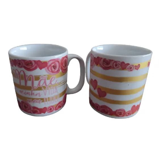 Xícara de Porcelana Temática Dia das Mães 320ml Mãe, Minha Vida, Meu Tudo