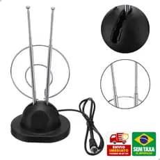 Antena Interna TV VHF UHF HDTV Digital Cabo 95cm Base 2 Hastes Alumínio Sinal Forte
