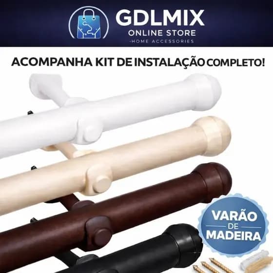 Kit Varão Cortina Madeira 19mm – Escolha 1,5m ou 2m | Pronto para Instalar