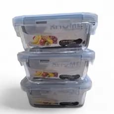 Kit  3 Potes Vidro Tampa Hermética  Marmita Pote Hermético  Com  4 Travas Anti-Vazamento 330 ml