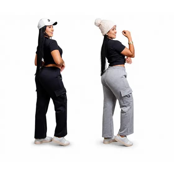 Calça Cargo Feminina Wide Leg em Moletom com Bolsos Cargo e Cós Ajustável