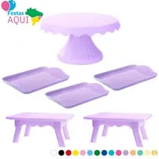 Kit Boleira Cake Renda 19cm + 2 Mesinhas + 3 Bandejinhas decorativas Diversas Cores