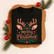 Camiseta Algodão Unissex Estampada Merry Christmas Orelhinhas Tema Natal