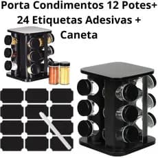 Porta Condimentos Temperos Giratório 12 Potes Vidro 90G Tampa Dosadora Preto + 24 Etiquetas + Caneta
