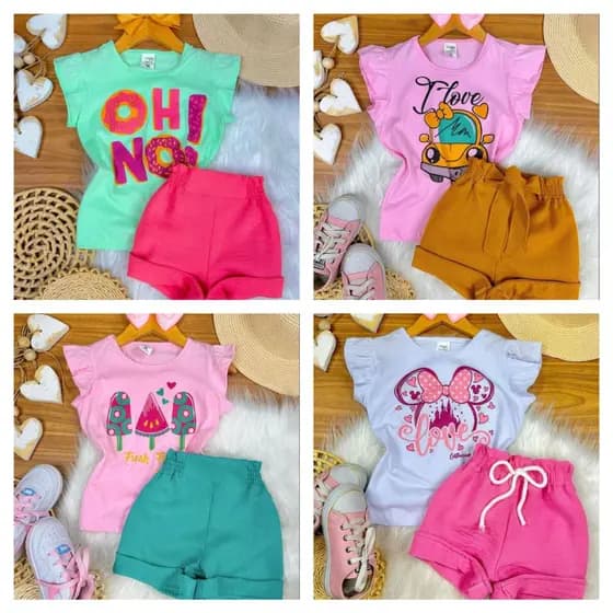 Kit 8 Peças Roupa Infantil Menina Conjunto Verão Estampado Sortidos Camiseta/ Regata + Shorts