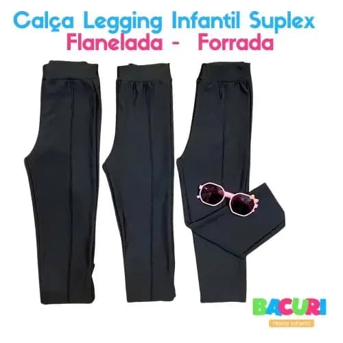 Calça Legging Infantil Flanelada Forrada por Dentro Preto Grossa Pro Inverno