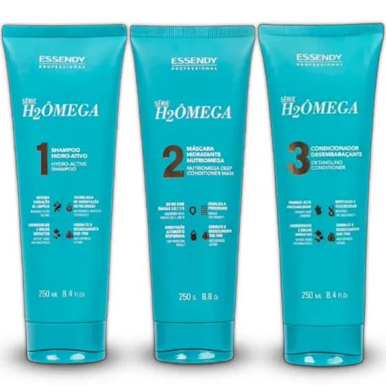 Kit Home Care Série H2Ômega 250ml Essendy Profissional - Shampoo Hidratação, Máscara Capilar Condicionante e Condicionador